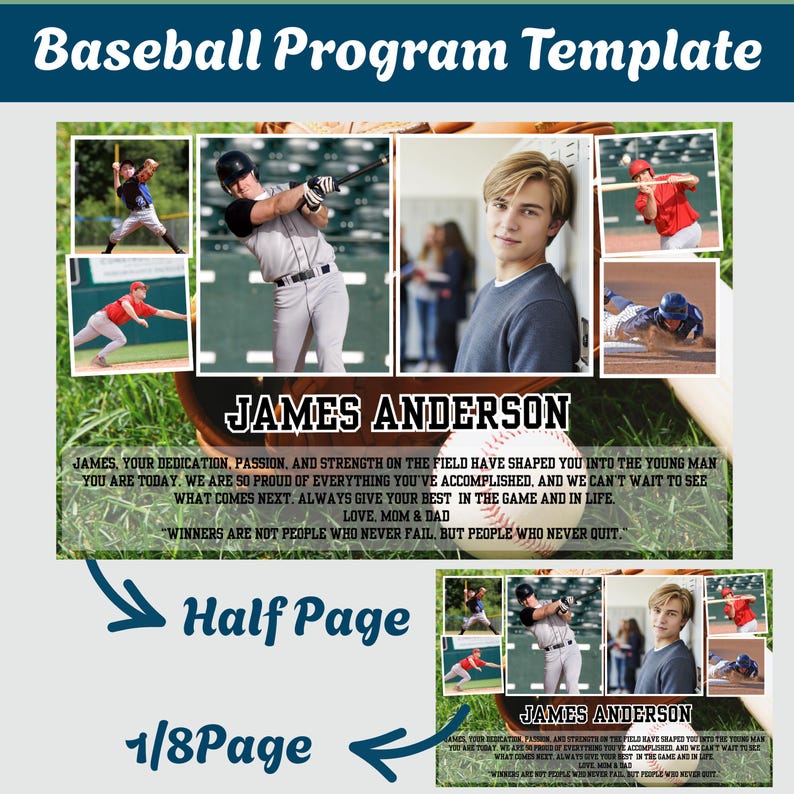 May include: A baseball program template featuring a collage of photos of a player in action and a portrait. The design includes the text 'JAMES ANDERSON', a personal message, and a quote, all set against a background of a baseball glove and ball.