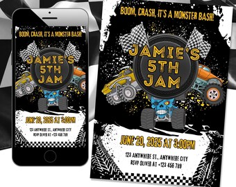 Invitación editable para fiesta de camiones, invitación de cumpleaños de Monster Truck, invitación de cumpleaños con temática de Monster Truck, invitación digital para fiesta de cumpleaños