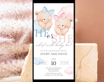 Teddy Bear Gender Reveal Invitation, He or She Invite (Digital Download)