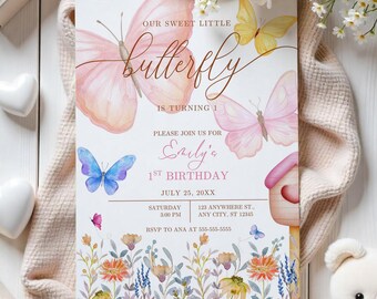 Editable Butterfly Birthday Invitation, Boho Butterfly Invitation, Pink Birthday Invitation, Girl Birthday Invitation, Flower Butterfly Card