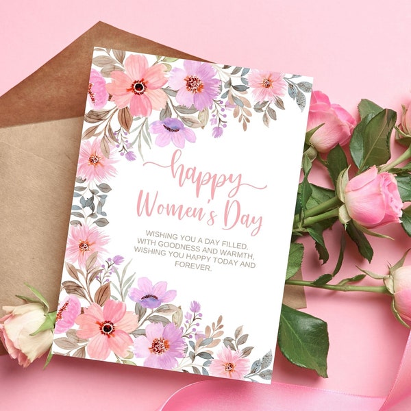 Editable International Women's Day Pink Greeting Card Celebrate Strong Women's Day Feminist and Appreciation to Women Day Printable Card