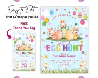 Puede incluir: Un conjunto de invitación y etiqueta de agradecimiento con temática de Pascua. La invitación presenta conejitos, huevos decorados y el texto "Easter Egg Hunt". La etiqueta de agradecimiento incluye conejitos, huevos y el texto "Thank You". Ambos tienen un esquema de color pastel.