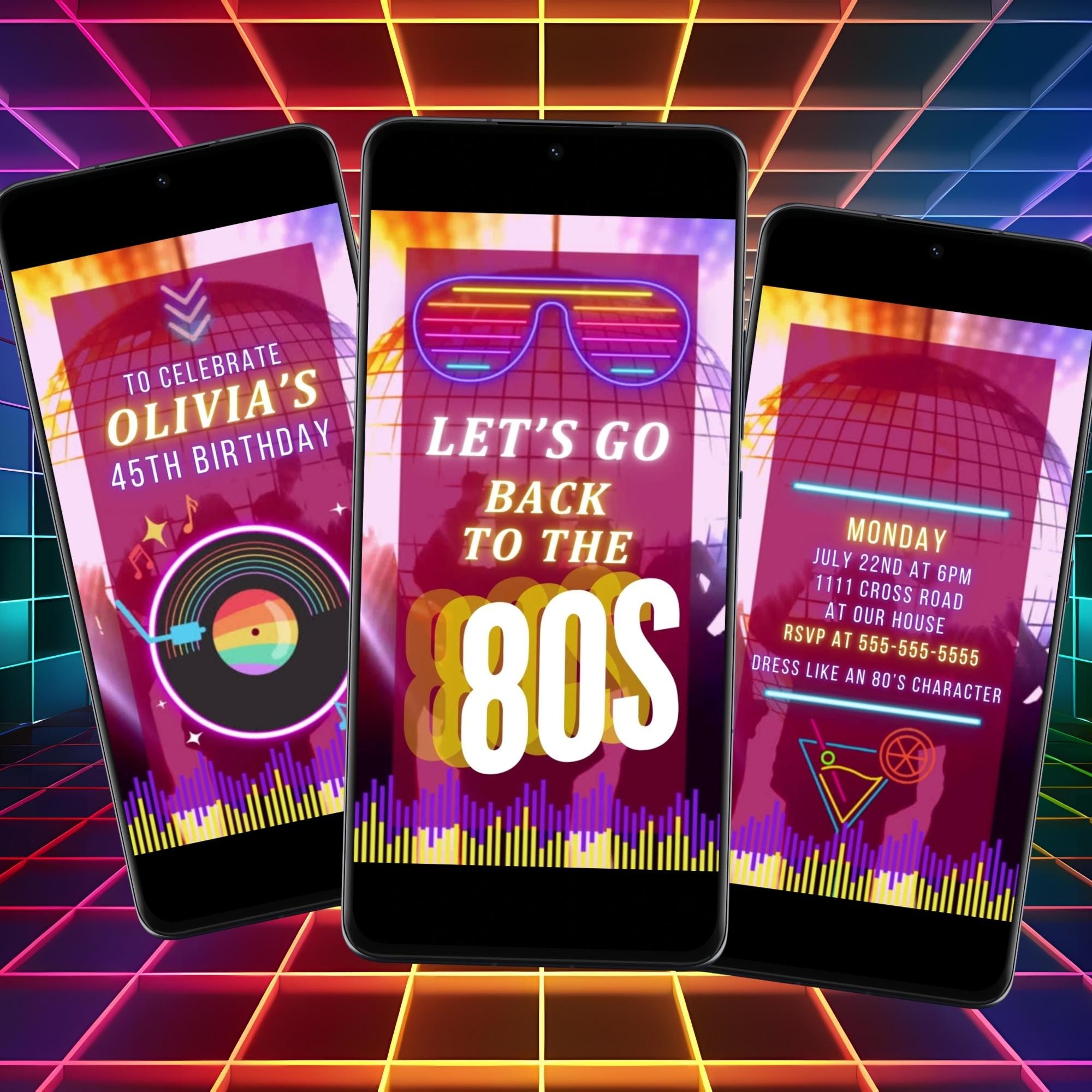 80s Birthday Party Video Invitation, Neon Retro Theme (digital