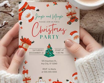 May include: A Christmas party invitation with the text "Jingle and Mingle" and "Christmas Party" in red script. The invitation features illustrations of Santa Claus, gifts, a Christmas tree, and a snowman. The date is Saturday, December 21, starting at 7:00 PM.