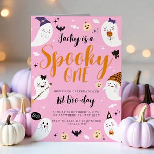 Bearbeitbare Gruselige One Ghost-Einladung, Halloween-Party-Einladung, Gruselige Geburtstagsfeier, Halloween-Geist-Geburtstag, erste Boo-Day-Party