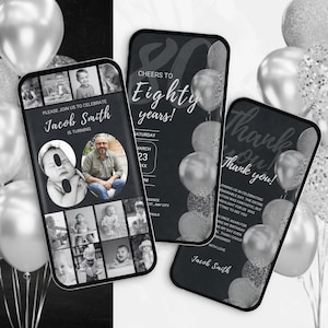 Bearbeitbare Einzigartige 80. Geburtstagseinladung Party-Dinner Animierte Prost auf 80 Jahre mit Foto-Collage-Video-Einladungs-Party-Vorlage