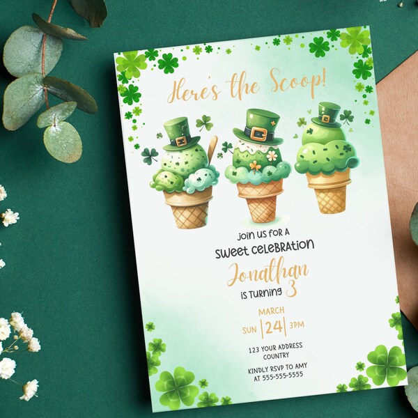 Editable St. Patrick's Day Birthday Party Celebration Invitation | Ice Cream Birthday Kids Party | Here's the Scoop Boy Birthday Invitation