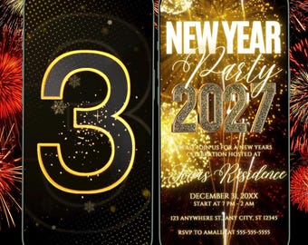 May include: Two smartphones displaying a New Year party invitation for 2027. The left screen shows a large gold number 3. The right screen features the text New Year Party 2027, event details, and a gold fireworks background design.