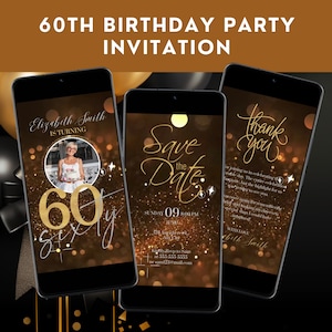 60 Geburtstags-Video-Einladung bearbeitbar Sechzig laden Schwarz und Gold Speichern Sie das Datum Animierte 60. Geburtstag-Einladung mit Foto-Collage