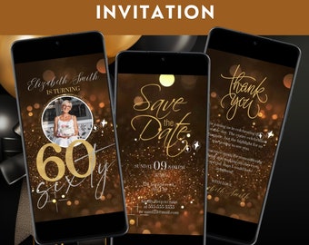 Invitación en video para 60.º cumpleaños en negro y dorado, collage de fotos (descarga digital)