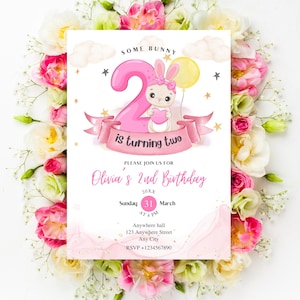 Editable some bunny is turning two invitation girl bunny 2nd birthday party spring pink rabbit birthday party invitation template