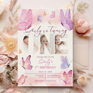 Editable First Birthday Invitation, 1st Photo Birthday Invitation, One Birthday Girl Party, Butterfly Invitation, Butterfly Birthday Card