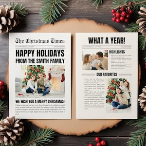 Modello di newsletter natalizia modificabile, revisione dell'anno, biglietto di Natale, modello di festa di What A Year, biglietto fotografico di Natale per la famiglia sul giornale
