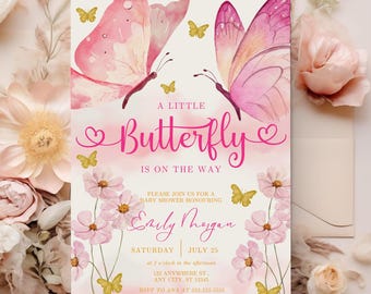 May include: A baby shower invitation with a watercolour design. The invitation features pink butterflies, flowers, and the text "A Little Butterfly Is On The Way." The invitation is for Emily Morgan, with the date July 25.