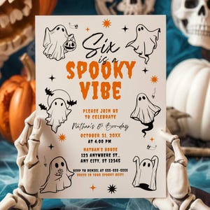Bewerkbare Spooky Vibe-uitnodiging, Halloween-verjaardagsuitnodiging, zes Halloween-feestuitnodiging, Halloween-feestkaart kinderen, Spooky-verjaardagsfeestje