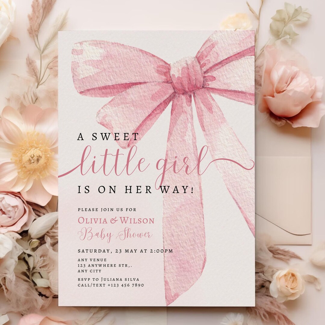Pink Bow Baby Shower Invitation: Editable Girl Party Card (PDF) - Etsy