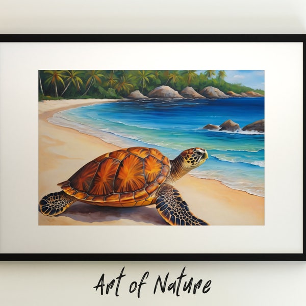 Meeresschildkröte am Strand, Schildkröte, Tier, Farbe, digital herunterladbare Kunstdrucke