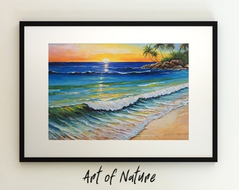 Strand mit Palmen an der Seite, Strand, Sonnenuntergang, Farbe, digital herunterladbare Kunstdrucke