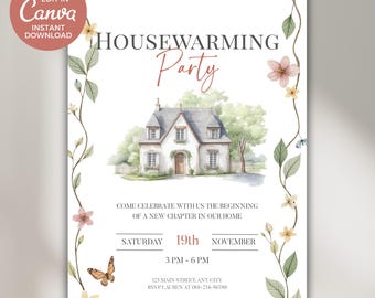 May include: A housewarming party invitation card featuring a watercolor illustration of a cottage surrounded by green trees. The text reads Housewarming Party, Come celebrate with us, Saturday 19th November, 3 PM-6 PM, and address details.