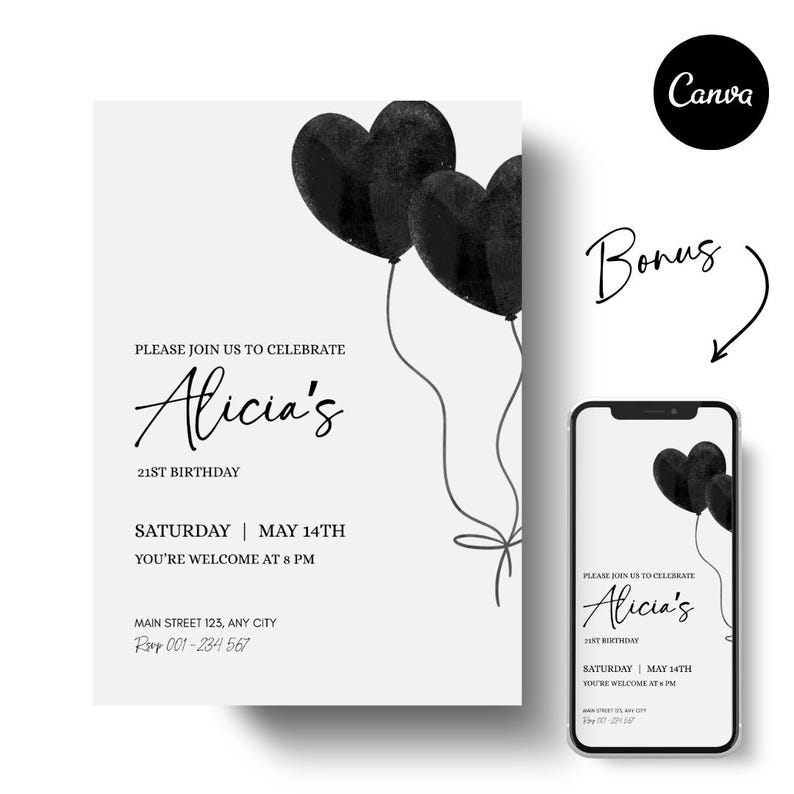 May include: A white birthday invitation card and a smartphone displaying the same design, featuring two black watercolor heart-shaped balloons with strings tied in a bow. The text reads: PLEASE JOIN US TO CELEBRATE Alicia's 21ST BIRTHDAY SATURDAY MAY 14TH.