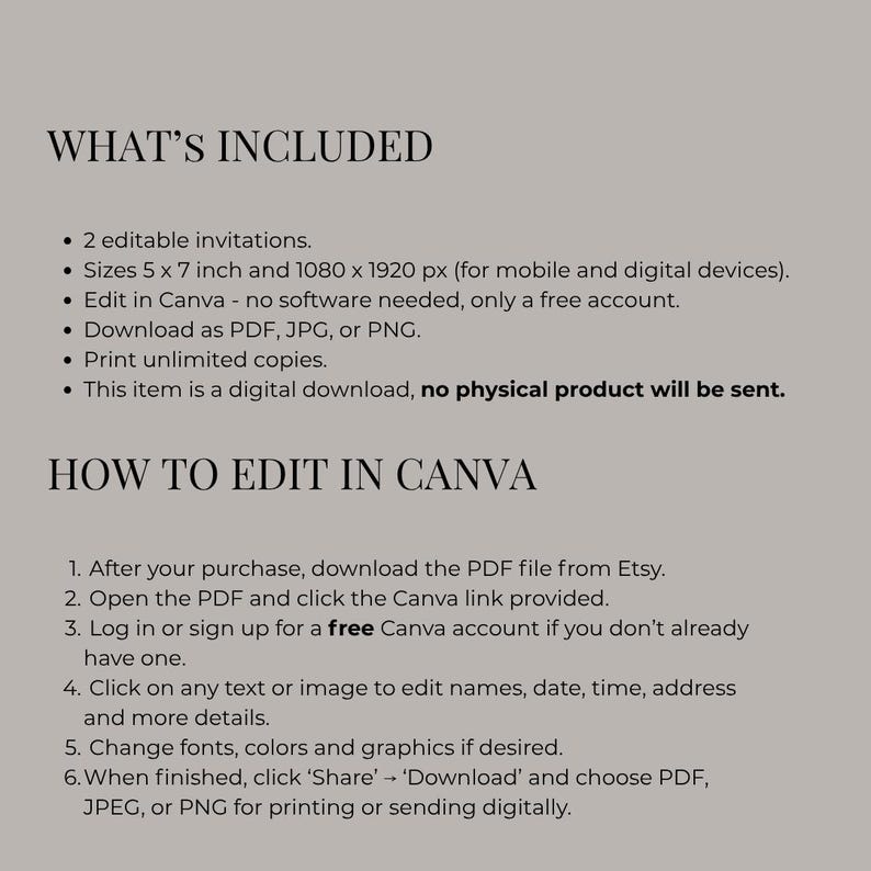 May include: A digital information graphic on a light gray background with black text. It lists WHAT'S INCLUDED: 2 editable invitations, sizes 5 x 7 inch and 1080 x 1920 px, edit in Canva, download as PDF, JPG, or PNG, print unlimited copies, digital download.