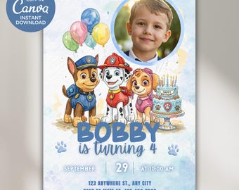 May include: A birthday invitation template featuring three cartoon dogs in uniform, a blue birthday cake, and a circular photo frame. The text reads: EASY TO EDIT IN Canva INSTANT DOWNLOAD, BOBBY is turning 4, SEPTEMBER 29 AT 10:00 AM, 123 ANYWHERE ST., ANY CITY, RSVP TO MOM AT -123-456-7890.