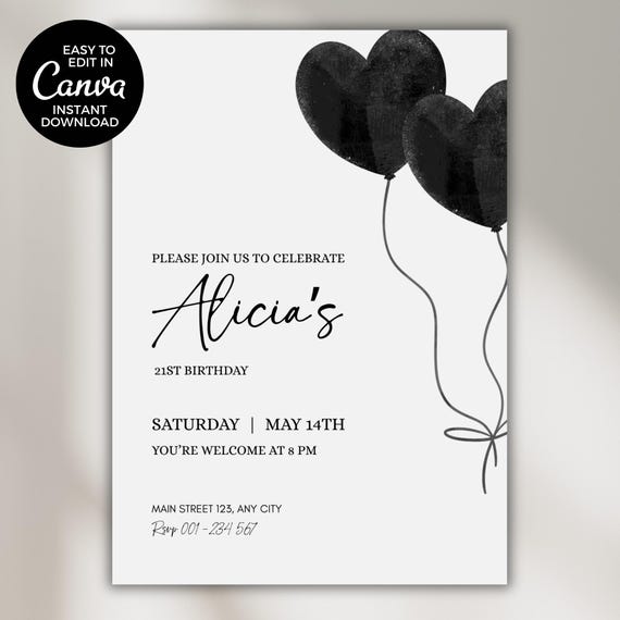 21st Birthday Invitation Template | 21th Birthday Party Invite | Birthday Card | Canva Template | Digital Invitation | Instant Download