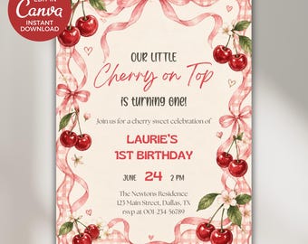 May include: A birthday invitation card featuring a pink gingham ribbon border with red cherries and white blossoms. The text reads: Our Little Cherry on Top is turning one! Join us for a cherry sweet celebration of Laurie's 1st Birthday, June 24, 2 PM.