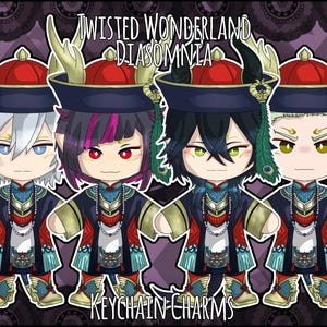 May include: Four cartoon keychain charms featuring characters from Twisted Wonderland Diasomnia. Each character has a unique hair color, eye color, and outfit. The charms have a red hat, black and gold outfits, and the text "KEYCHAIN CHARMS".