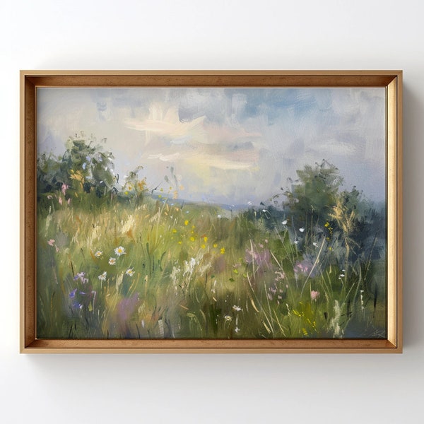 Vintage Wildflower Meadow Print - Atmospheric Landscape with Flowers - Digital Download for Printable Wall Art