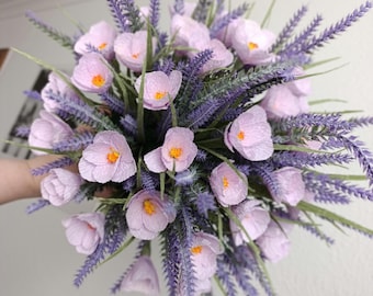 Regalo de flores de papel para el Día de la Madre, Pascua, ramo de primavera hecho a mano, lavanda, azafranes, decoración provenzal, flores de papel crepé