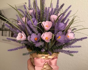 Regalo de flores de papel para el Día de la Madre, Pascua, ramo de primavera hecho a mano, lavanda, azafranes, decoración provenzal, flores de papel crepé