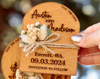 Natural & Floral Unique Save The Date Magnets, Custom Wooden Wedding Save the Date Cards, Arch Design - Birch Wood Wedding Magnets in Bulk