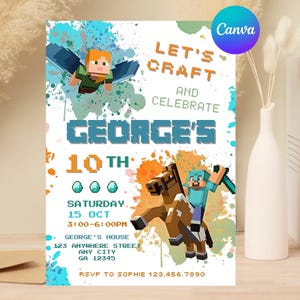 Editable Video Game Party Invite, Gamer Birthday invitation, Printed invitation, Mine Theme girl boy birthday Card, Digital Template