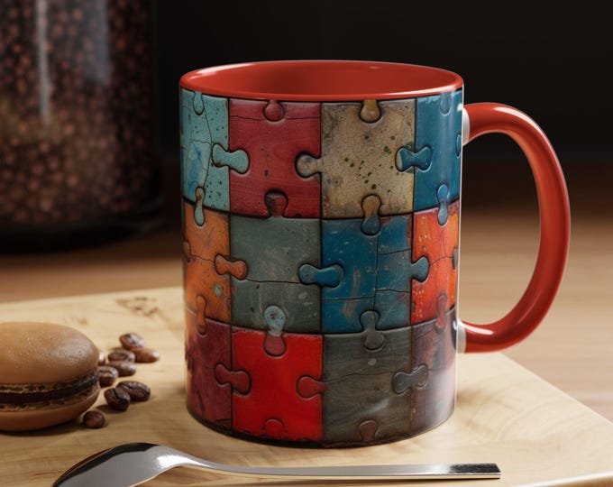 Mug à café puzzle : illustration 3D vintage, poignée décorative