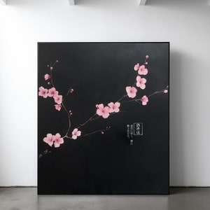 桜の枝のデジタルアートプリント ピンクの桜の花 黒地に日本の花の壁アート エレガントな室内装飾用 印刷可能な絵画