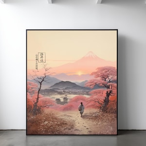 Serene Fuji Peak imprimible Sakura Bloom Panorama Impresión digital Monje solitario Zen Paisaje tradicional japonés Obra de arte decoración del hogar