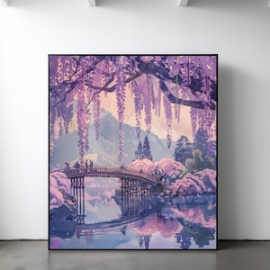 Tranquil Zen Garden Digital Japanese Cherry Blossom Wisteria Art Vintage Peaceful Lake Reflection Printable Asian Decor Painting