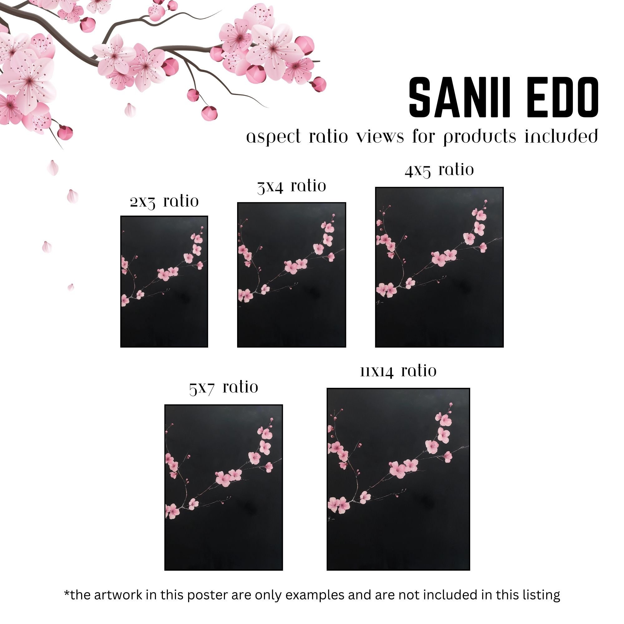 Cherry Blossom Branch Digital Art Print Pink Sakura Flowers on Black ...