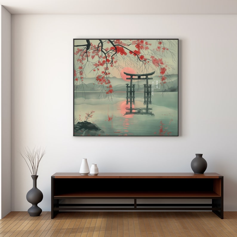 Serene Sakura Zen Sunset Japanese Digital Art Peaceful Lake Reflection
