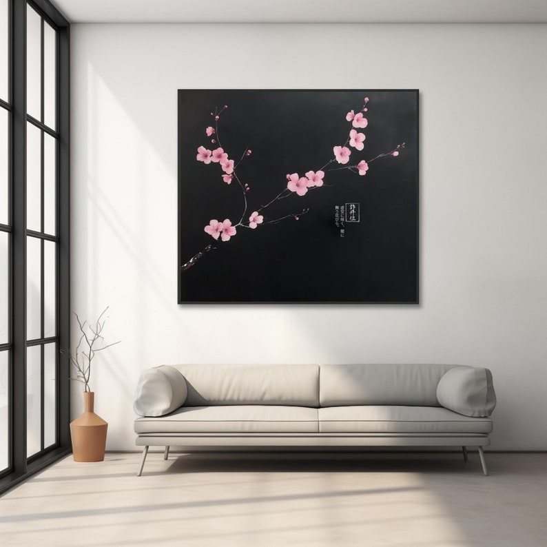 Cherry Blossom Branch Digital Art Print Pink Sakura Flowers on Black ...