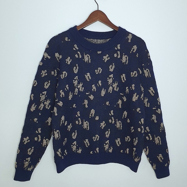 Vintage 90er Pullover Pulli size M damen woman animalprint gold blue boxy jumper retro crazy pattern fullprint bunt knit sweater blau navy