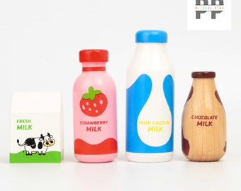 Wooden Pretend Play Milk Bottle Kitchen Toys - Role Play Set for Preschool Girl Boy - Montessori Educational Food Toys