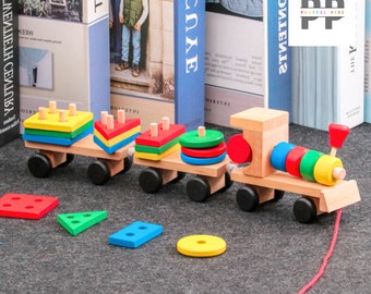 Wooden Train Toy for Toddlers - Building Blocks for Boys and Girls - Montessori Sorting Stacking Toy - Preschool Educational Toy for Kids