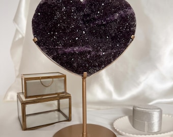 Giant Sugar Druzy Amethyst Heart Carving with Gold Stand (2.2kg)