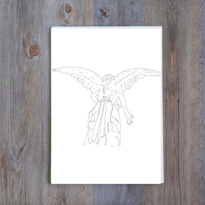 May include: A white print featuring a line drawing of an angel with outstretched wings. The angel is depicted from the back, with detailed wings and flowing drapery. The artwork is set against a white background.