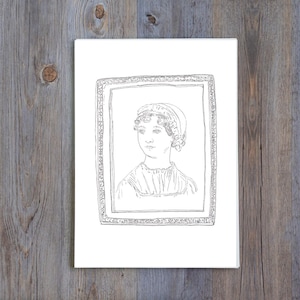 Peut inclure: Dessin au trait en noir et blanc d'une femme portant un bonnet et une robe, encadré dans une bordure décorative. L'œuvre d'art est sur fond blanc, posée sur une surface en bois.
