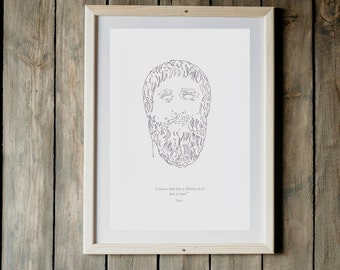 Plato portrait with library quote. Wall Art Prints A4 Unframed on Matt A4 Archival Paper. Gift for Booklover Gift For Philosopher Friend