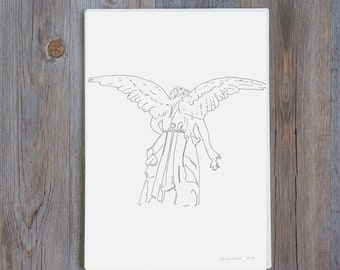 Angel Tuschefeder Zeichnung Originalkunstwerk auf Papier Signiert mit Bleistift Geschenk für religiösen Freund. Schutzengelflügel Wanddekoration A4 Ungerahmt