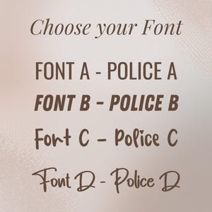 May include: A graphic with the text "Choose your Font" in a cursive font. Below, four font options are displayed: Font A - POLICE A, Font B - POLICE B, Font C - Police C, and Font D - Police D, all in a brown color.